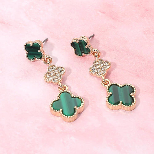 Triple Quatrefoil Drop Earrings: Emerald,Gold
