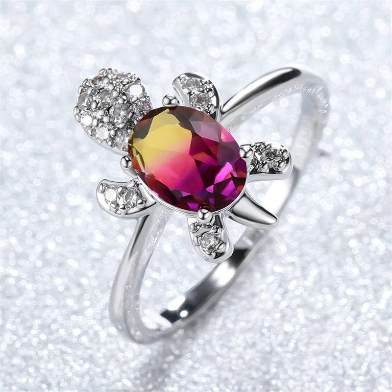 Colored Stone Sea Turtle Statement Ring in Solid Copper: 6 US / Rainbow