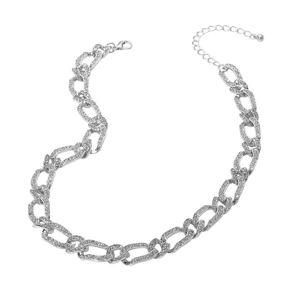 Stone Paved Chunky Chain Necklace: Clear,Rhodium