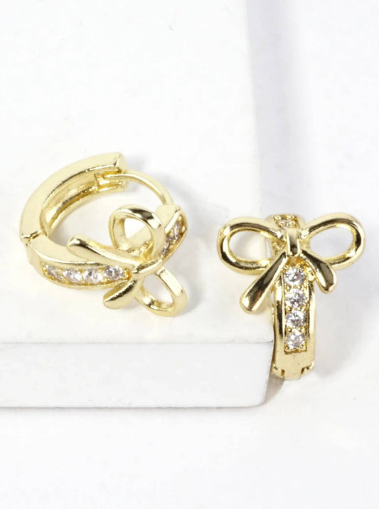 CZ Pave Polished Ribbon Bow Huggie Hoop Earrings: Gold Clear