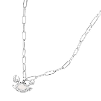 Stainless Steel Mother of Pearl CZ Stone Paved Crab Charm Pendant Paperclip Chain Necklace: Mother of Pearl,Silver