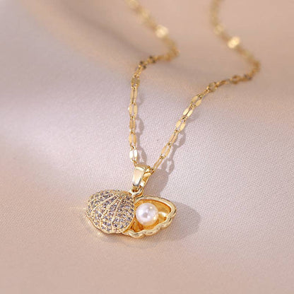 Dainty Seashell Pearl Pendant Necklace in Stainless Steel: Gold / With Chain