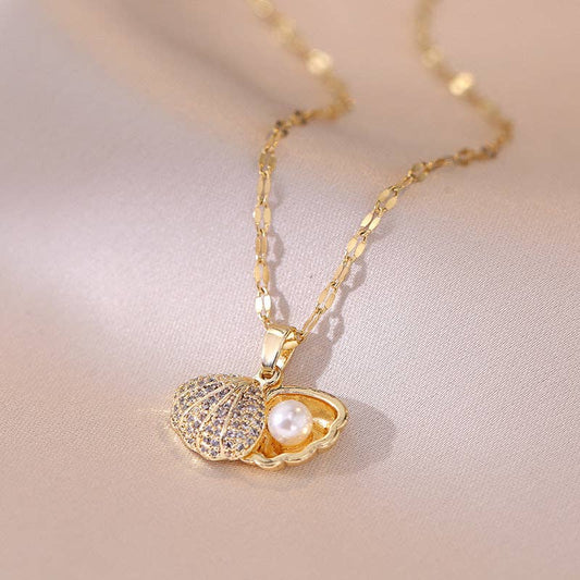 Dainty Seashell Pearl Pendant Necklace in Stainless Steel: Gold / With Chain