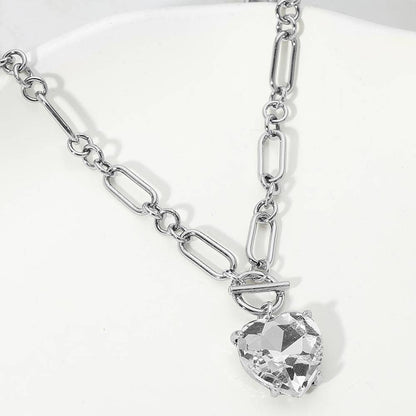 Chunky Heart Stone Cluster Toggle Pendant Necklace: Antique Silver,Clear
