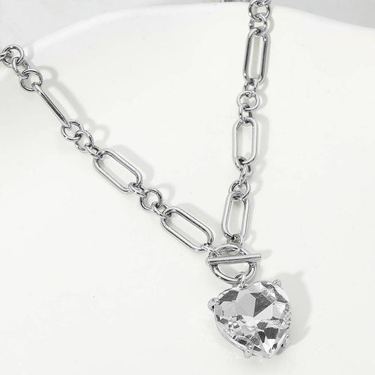 Chunky Heart Stone Cluster Toggle Pendant Necklace: Antique Silver,Clear