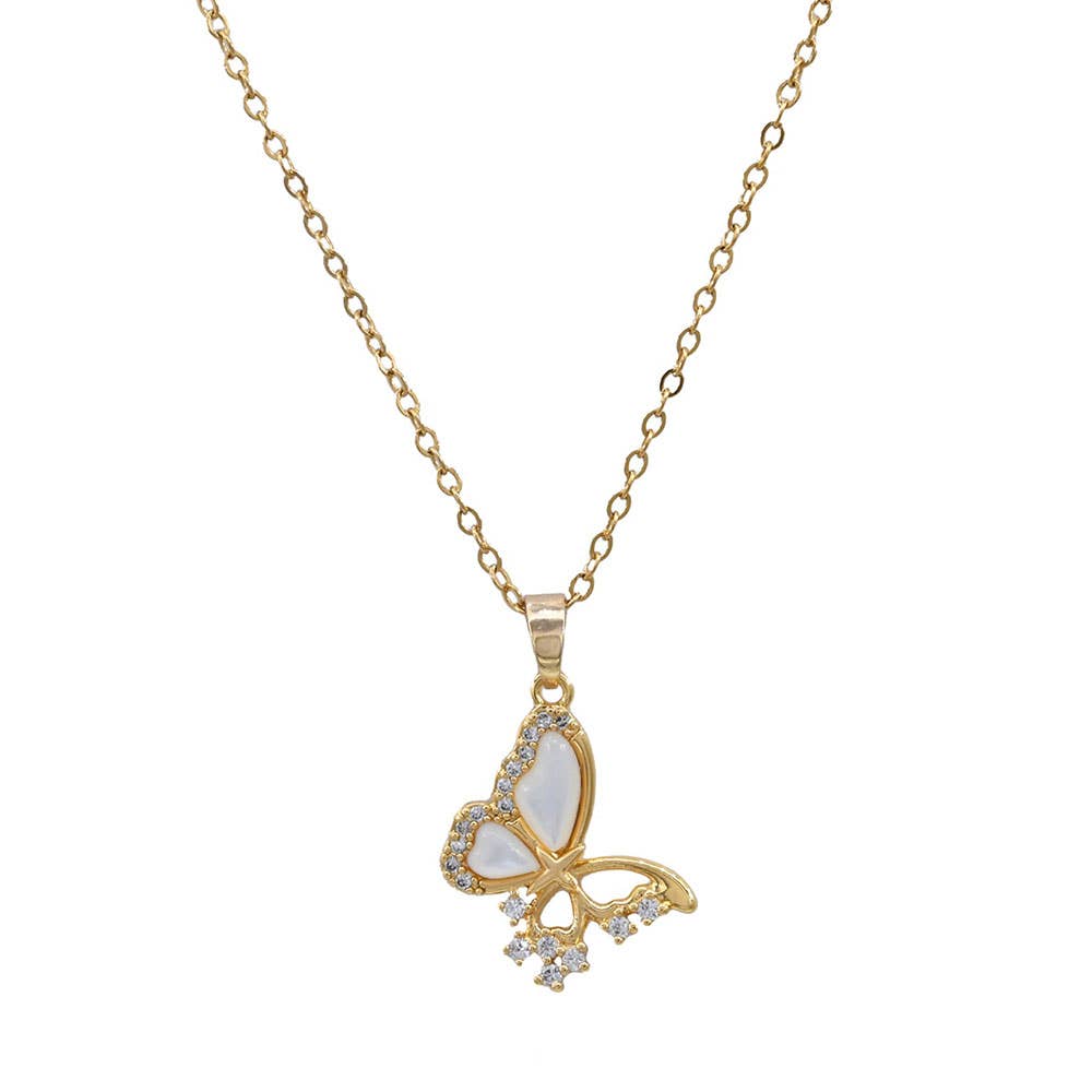 Stainless Steel CZ Stone Accent Mother of Pearl Butterfly Pendant Necklace: Gold,Mother of Pearl