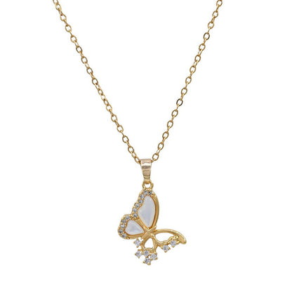 Stainless Steel CZ Stone Accent Mother of Pearl Butterfly Pendant Necklace: Gold,Mother of Pearl