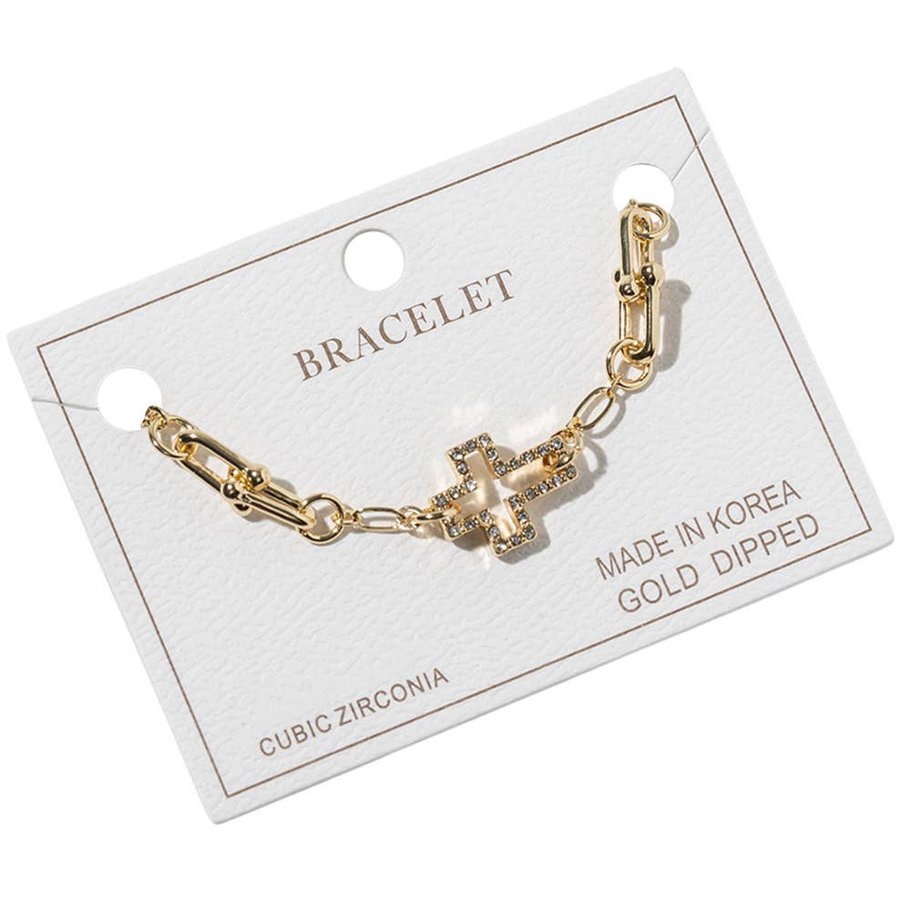 Gold Dipped CZ Pave Open Cross Charm Accent Link Bracelet: Clear,Gold