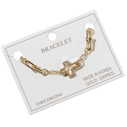 Gold Dipped CZ Pave Open Cross Charm Accent Link Bracelet: Clear,Gold
