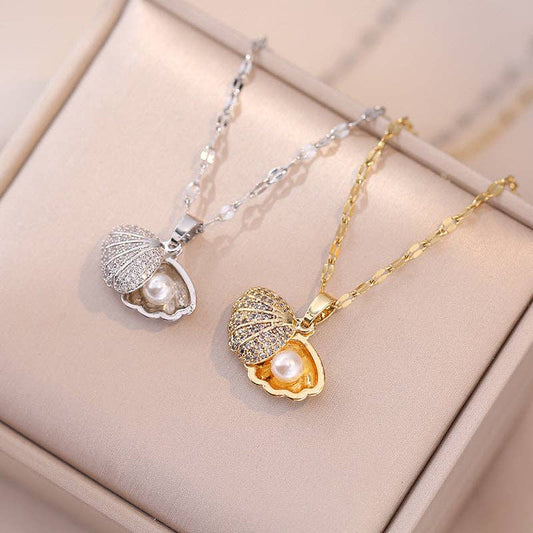 Dainty Seashell Pearl Pendant Necklace in Stainless Steel: Gold / With Chain