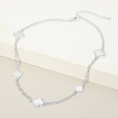 14K Gold Plated Mother of Pearl Quatrefoil Motif Station Necklace: Mother of Pearl,Rhodium