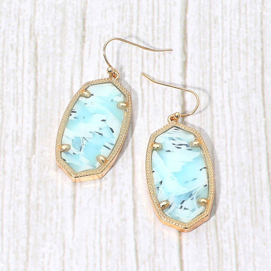 Hexagon Resin Frame Dangle Earrings: Aqua Gold