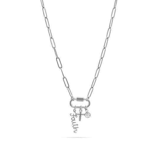 18K Gold PVD Stainless Steel Cross Carabiner Charm Necklace: Stainless