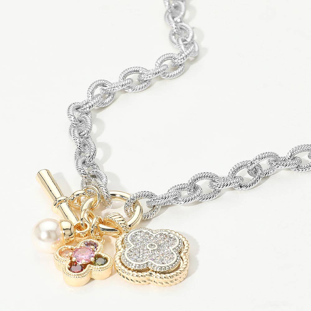 14K Gold Plated Two Tone CZ Stone Paved Quatrefoil Pearl Charm Pendant Necklace