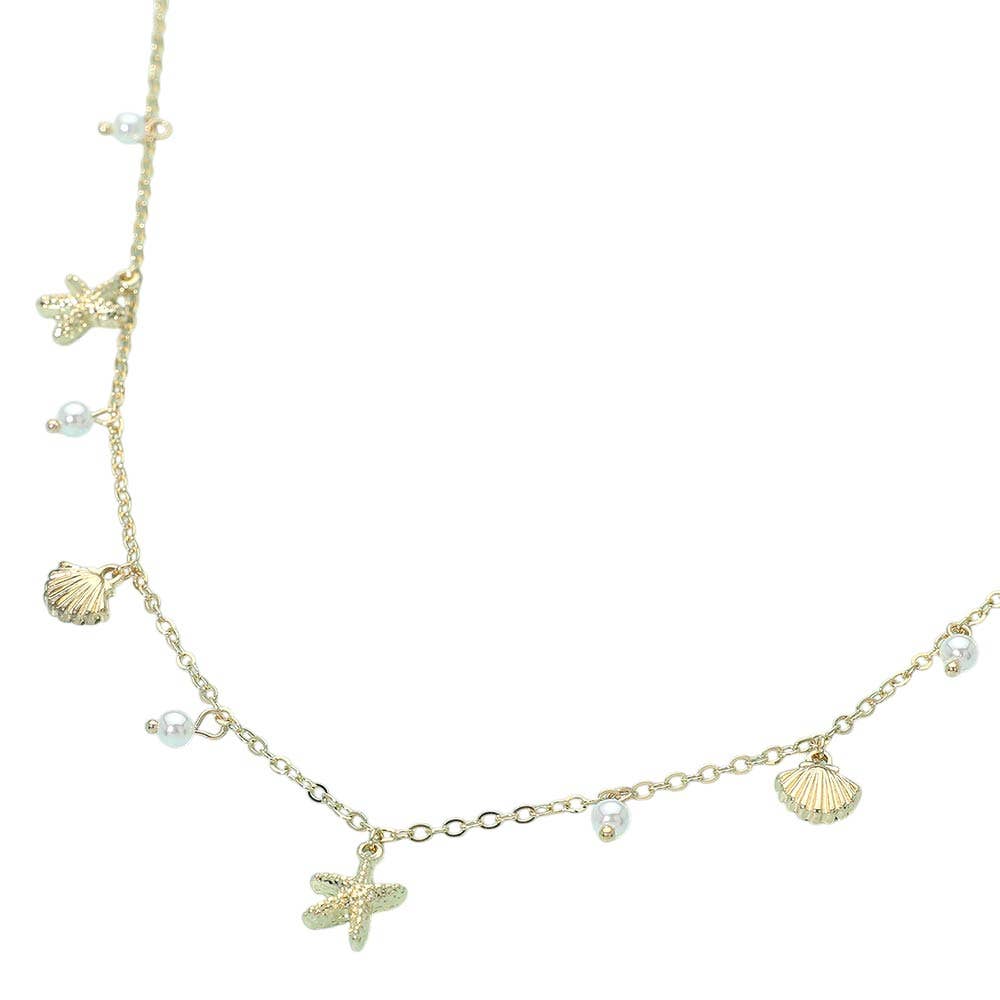 Starfish Shell PEarl Charm Station Necklace: Gold