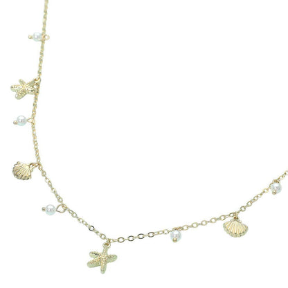 Starfish Shell PEarl Charm Station Necklace: Gold