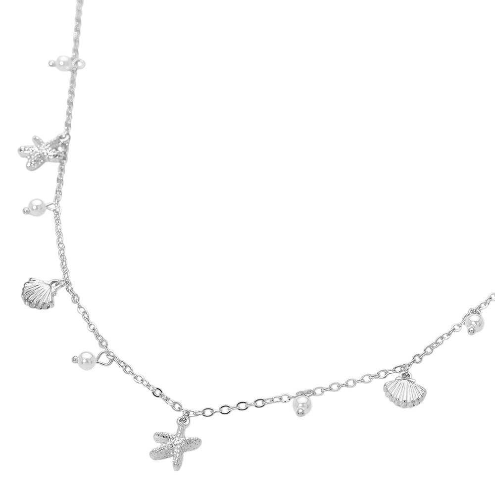 Starfish Shell PEarl Charm Station Necklace: Silver